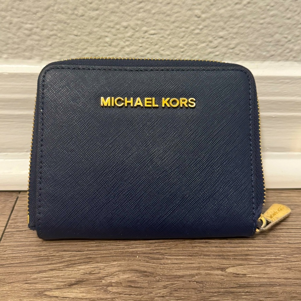 Navy blue gold zipper Michael Kors Wallet